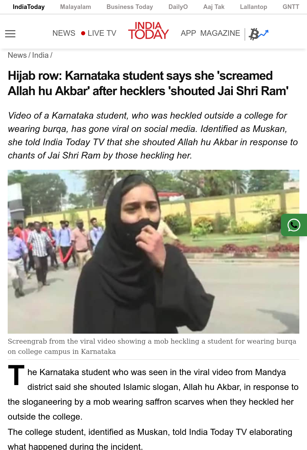 India Today - In Hijab row, Karnataka student screamed Allah-hu-Akbar